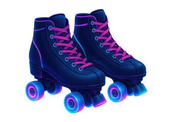 Roller skates glowing with vibrant neon lights, symbolizing retro 80s style, disco, and vintage roller derby fun on transparent background