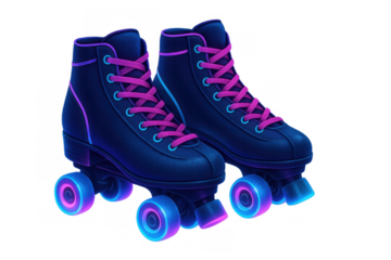 Roller skates glowing with vibrant neon lights, symbolizing retro 80s style, disco, and vintage roller derby fun on transparent background