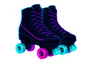 Roller skates featuring retro 80s neon glowing design with purple laces and vibrant cyan pink wheels