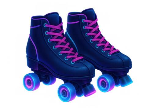 Roller skates glowing with vibrant neon lights, symbolizing retro 80s style, disco, and vintage roller derby fun on transparent background - Powered by Adobe