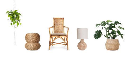 House plants, garden furniture and lamp isolated on white, collection