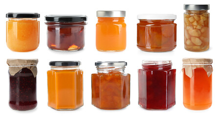 Collection of jars with different jams isolated on white