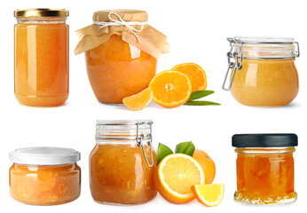 Collection of jars with orange jam isolated on white