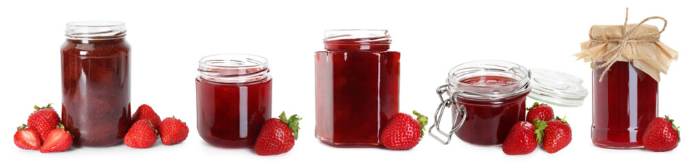 Collection of jars with strawberry jam isolated on white