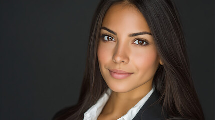 oung Latina woman, 27 years old, light caramel skin tone, long straight dark brown hair, soft natural makeup, refined and elegant facial features, expressive warm eyes, confident and approachable pres