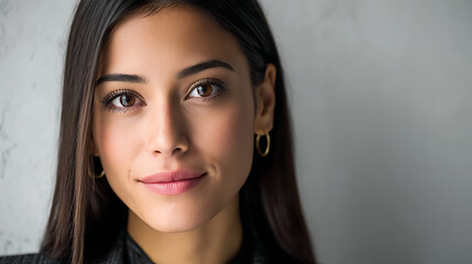 oung Latina woman, 27 years old, light caramel skin tone, long straight dark brown hair, soft natural makeup, refined and elegant facial features, expressive warm eyes, confident and approachable pres