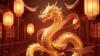 Fototapeta premium Majestic Golden Chinese Zodiac Dragon sculpture in temple interior with lanterns.