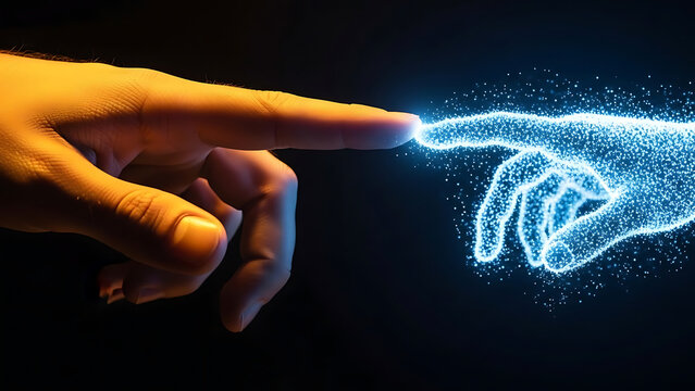 Human Hand Interacting with Digital AI Particle Stream - Future Technology Concept