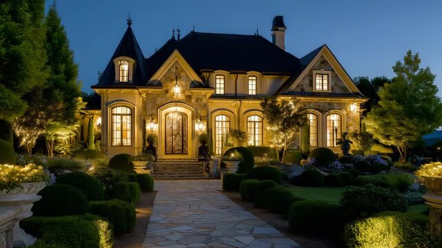 124Beautiful stone mansion with symmetrical design, warm interior lights shining through multiple tall windows, landscaped garden paths and trimmed shrubs glowing under subtle dusk sk