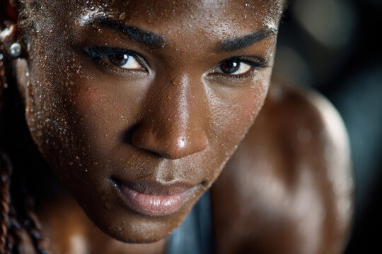 Intense close-up of female athlete showcasing determination and focus during training session
