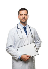 Fototapeta premium A confident male physician wearing a white lab coat and stethoscope holds a medical chart presenting a professional healthcare image isolated on transparent background