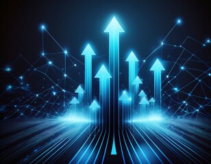 a glowing network of blue arrows pointing upwards on a dark background with connected lines