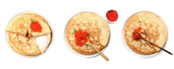 Delicious crepes served with red caviar isolated on white, set. Top view