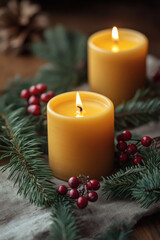 Beeswax candles with pine arrangement on wooden table