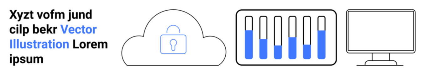 Locked cloud, bar chart with progress, desktop display. Ideal for cloud computing, data analysis, cybersecurity, IT solutions, online storage, data visualization simple landing page