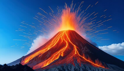 a stylized volcano erupting with lava flowing down its sides against a blue background landscape view