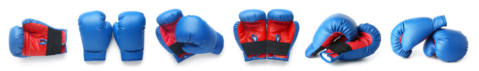 Set of many boxing gloves on white background