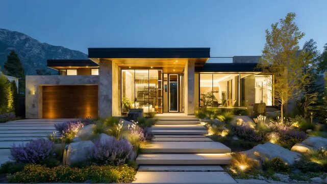 129Architectural luxury at dusk stone-clad walls, expansive glass windows glowing warmly, sculpted landscaping with flower beds and pathway lights, perfect harmony of contemporary and