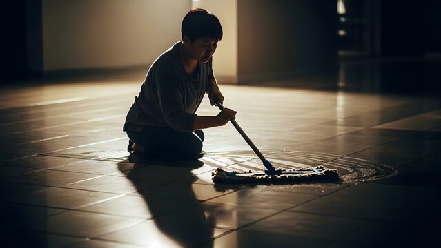 Focused Asian adult woman meticulously mopping a clean tiled floor at home, showcasing diligent household productivity and modern lifestyle under dramatic cinematic backlighting.