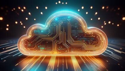 glowing cloud shaped circuit board depicting cloud computing and data storage technology concept art