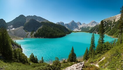panoramic view of a turquoise lake surrounded by mountains and trees