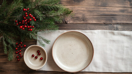 Minimal winter table with linen and botanicals