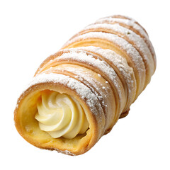 Cream horn pastry with powdered sugar isolated on transparent background