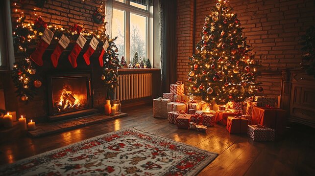 Christmas tree and fireplace with stockings and gifts Image