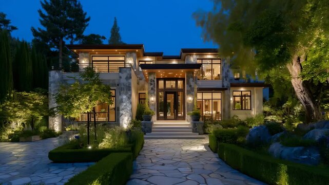 133Opulent residence exterior at twilight, stone and wood fa&ccedil;ade merging traditional and modern elements, glowing interior light through wide glass windows, manicured hedges adding re