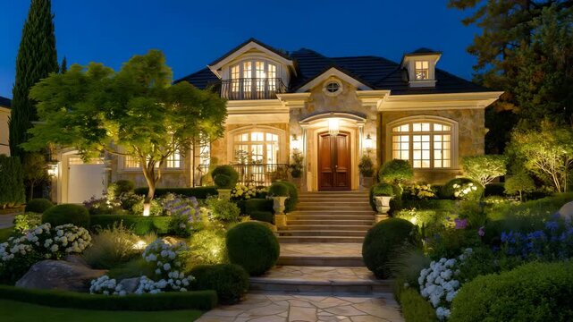 132Sophisticated twilight scene of a luxury residence, rich stonework and warm interior lights blending beautifully with the blue hour sky, manicured gardens outlining the home&rsquo;s silh