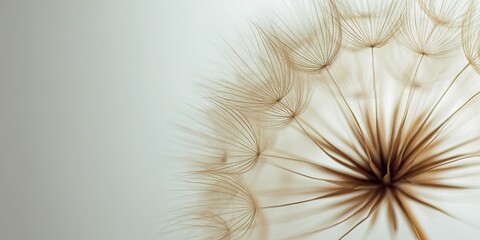 Naklejka premium Soft dandelion seed head drifting in gentle light, highlighting delicate details and nature's beauty