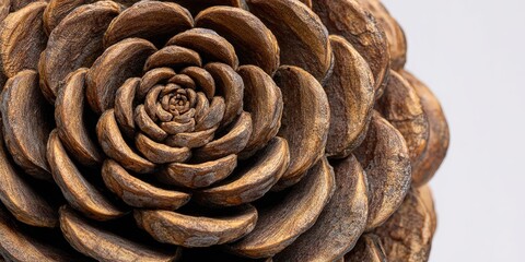Detailed view of a pine cone showcasing intricate patterns and textures in natural wood tones