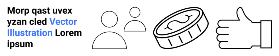 Business decisions, finance, teamwork, approval, collaboration, digital design. Simple outline of people, coin and thumbs-up icon. Business decisions and finance concept