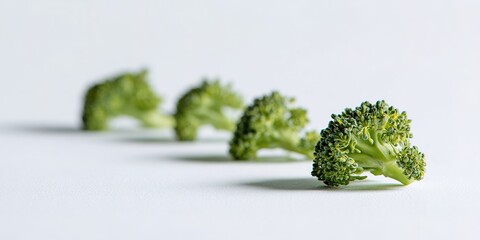 Fresh broccoli arranged in a neat line on a clean surface showcasing its vibrant color and texture