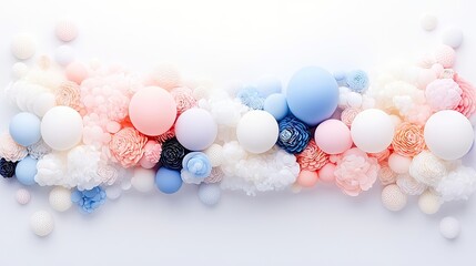 An abstract arrangement of flowers and spheres in soft pastel colors against a white background.