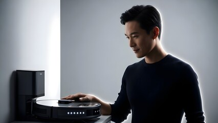 Thoughtful Asian Man Engages with a Smart Robot Vacuum Cleaner, Showcasing Modern Home Automation and Efficient Living in a Cinematographic Home Setting