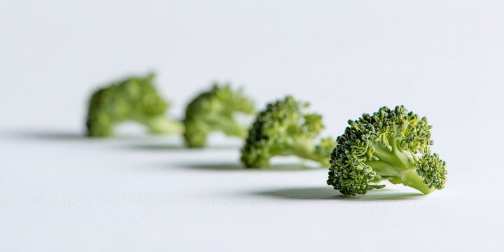 Fresh broccoli arranged in a neat line on a clean surface showcasing its vibrant color and texture