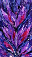 An abstract painting of a flower with purple and red petals, set against a dark blue background. The artwork uses thick brushstrokes.