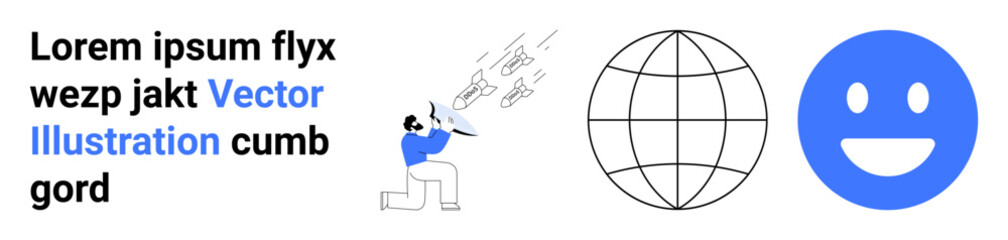 Communication, global outreach, messaging systems, digital networking, social connectivity, information technology. A person with a megaphone, a wireframe globe and a happy symbol. Communication