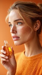 Fototapeta premium A woman holding a bottle of essential oil in her hand