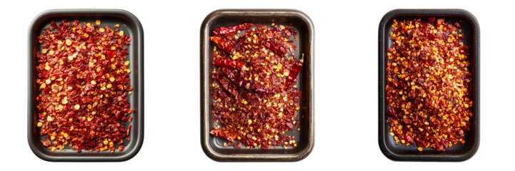 Red pepper flakes presented in three small, square, black trays. The flakes, a vibrant red color, are fresh and ready for culinary use