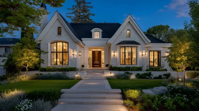138Modern-traditional hybrid home at sunset, natural stone exterior and large illuminated windows, elegant trimmed lawns and subtle garden lights enhancing the inviting twilight atmos