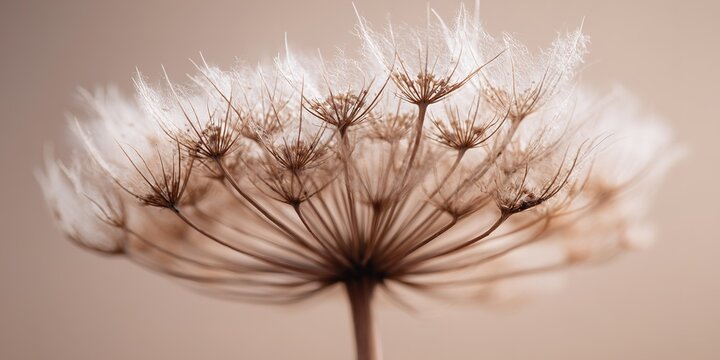 Delicate dandelion fluff captured in soft light at a close-up angle in a serene indoor setting