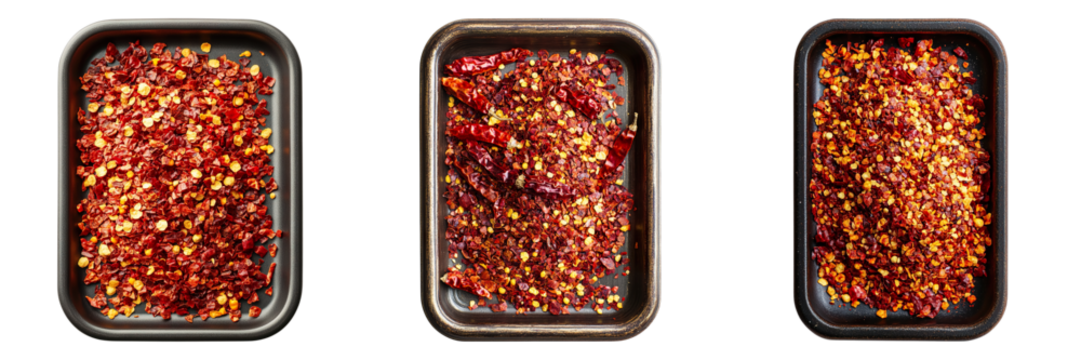 Red pepper flakes presented in three small, square, black trays. The flakes, a vibrant red color, are fresh and ready for culinary use