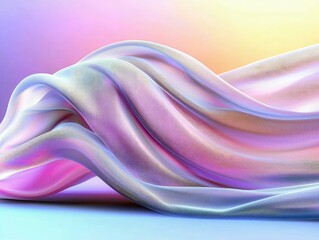 Close-up of a flowing fabric with a gradient of colors, creating a soft and ethereal effect. The fabric is iridescent and illuminated by soft lighting.