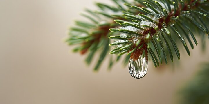 Close-up of a pine tree branch with a water droplet hanging from a needle in a natural setting