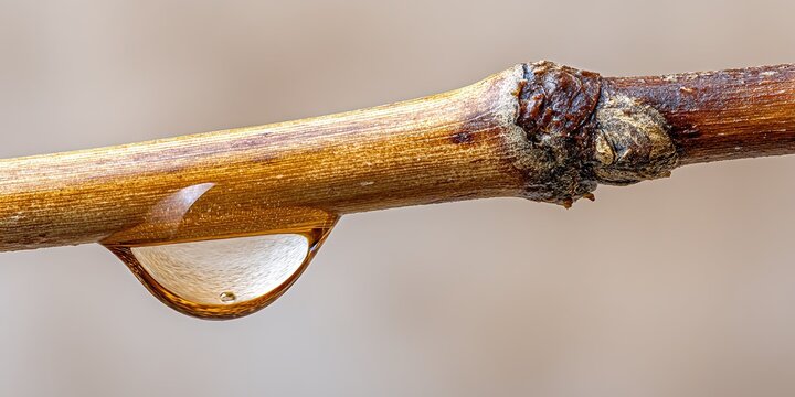 Close-up of a water droplet clinging to a twig during early morning light in a natural setting