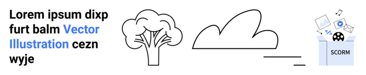 E-learning, cloud computing, environmental , SCORM integration, educational tools, and vector design. A cloud, tree and SCORM box. E-learning and cloud computing concept
