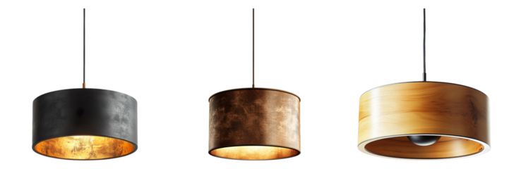 Three modern lamps with stylish designs hanging from the ceiling. They are designed in different colors with a contemporary look. The light bulbs are visible through the lampshade