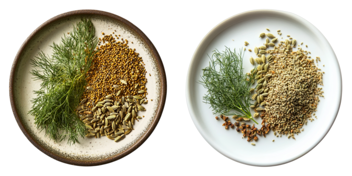An overhead shot of two elegant plates, each showcasing a unique culinary composition. The plates contain a mix of green sprigs and flavorful spices